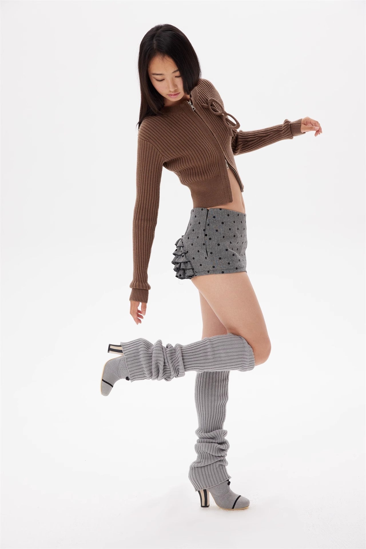 Brown glasses knitted zipper cardigan coat