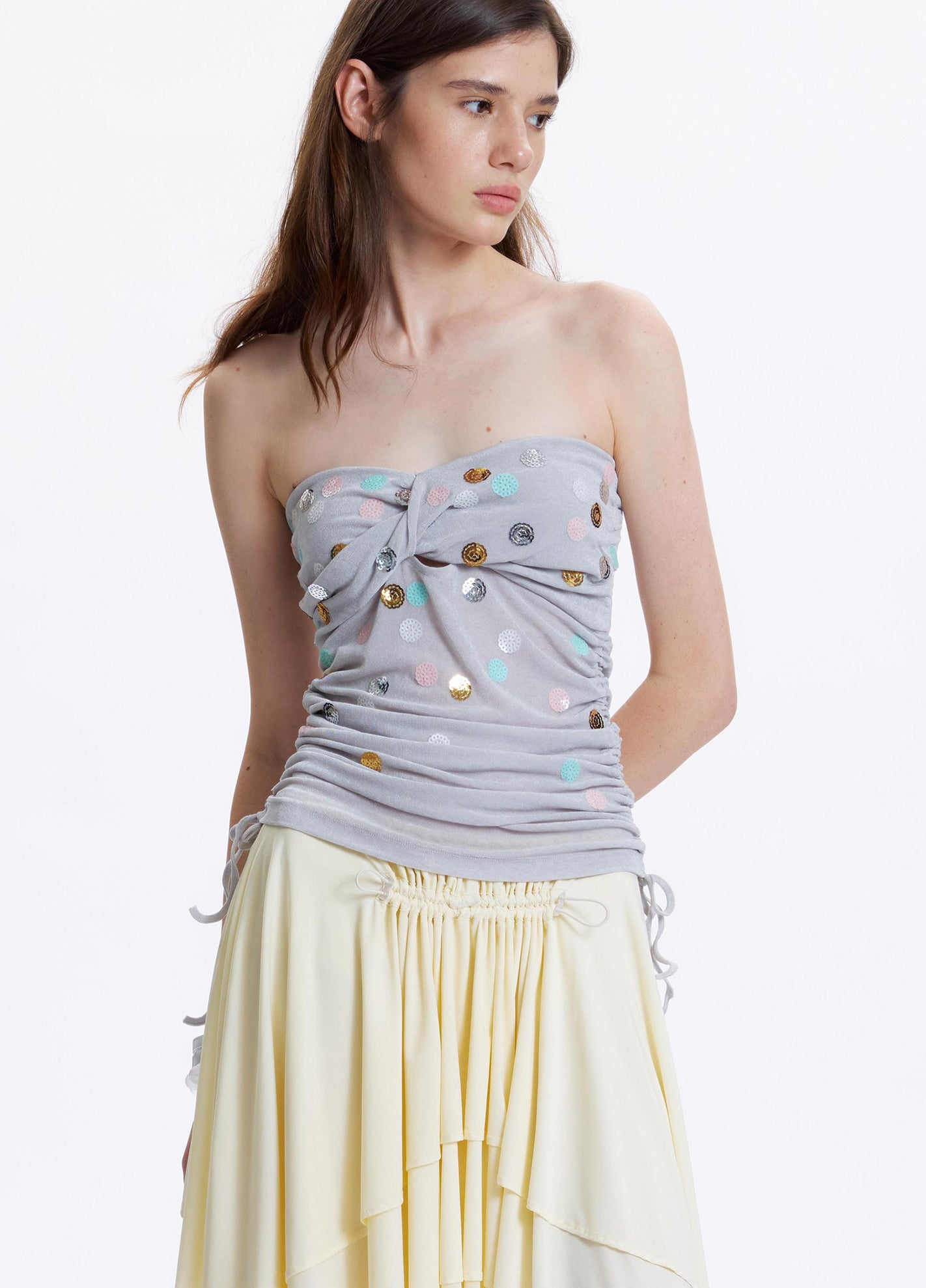 Stacked pleated nylon yellow drawstring skirt