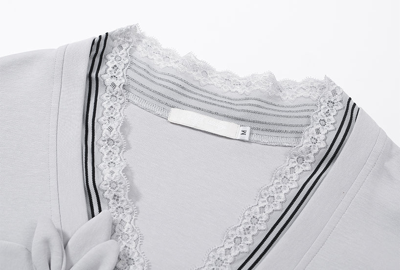 Handmade flower V-neck Sweatshirt Grey