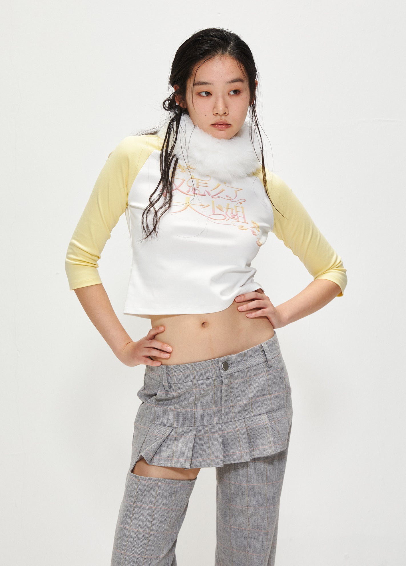 Grey plaid wool pleated skirt loose straight leg pants