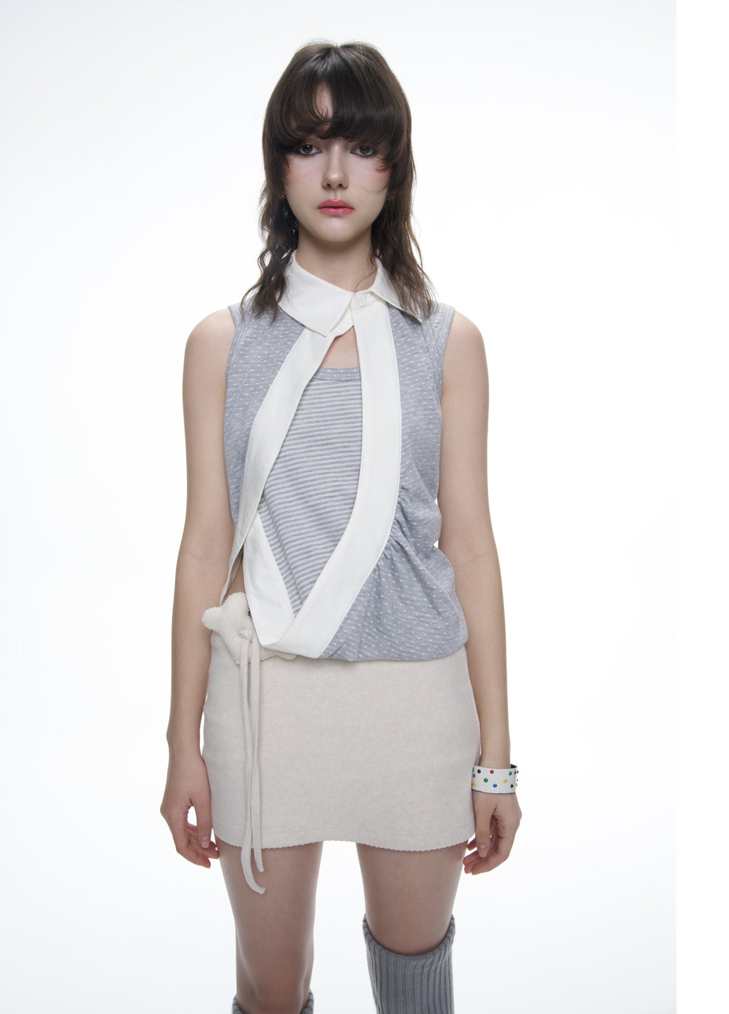 Polka dot print fake two piece design vest