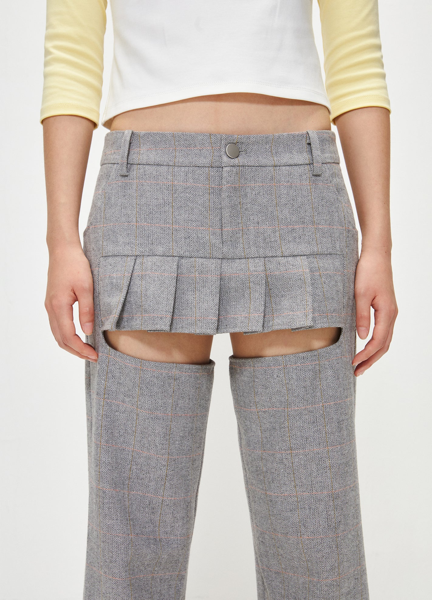 Grey plaid wool pleated skirt loose straight leg pants