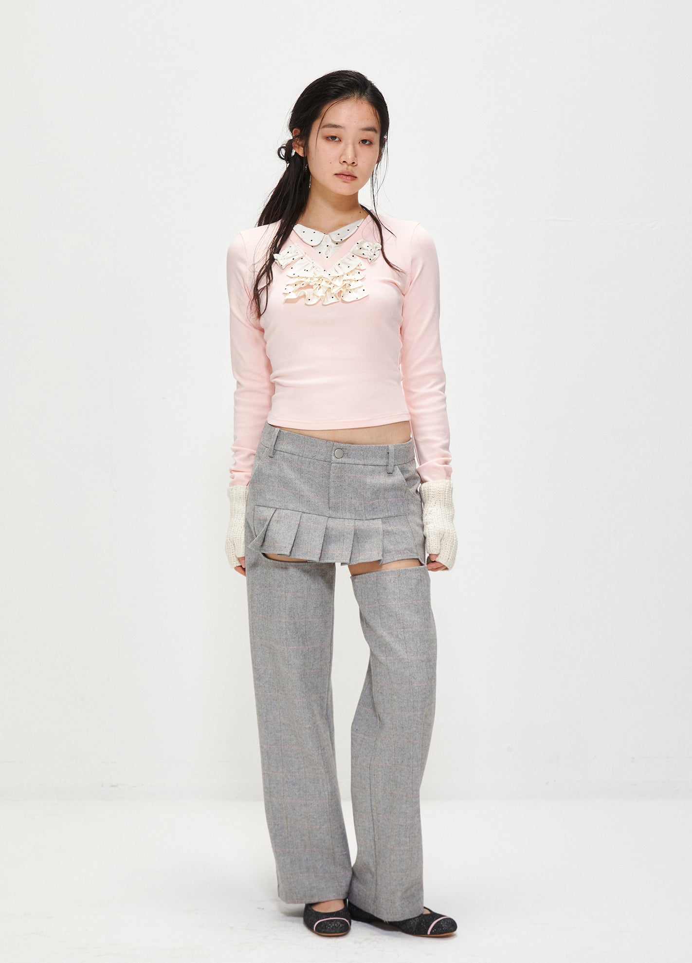 Grey plaid wool pleated skirt loose straight leg pants