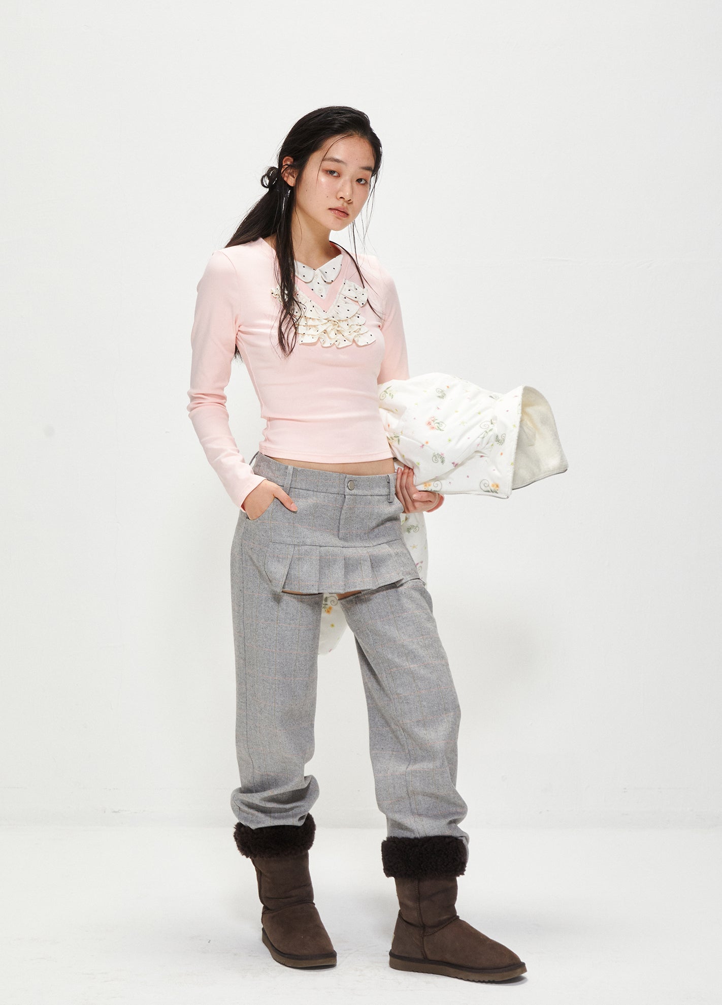 Grey plaid wool pleated skirt loose straight leg pants