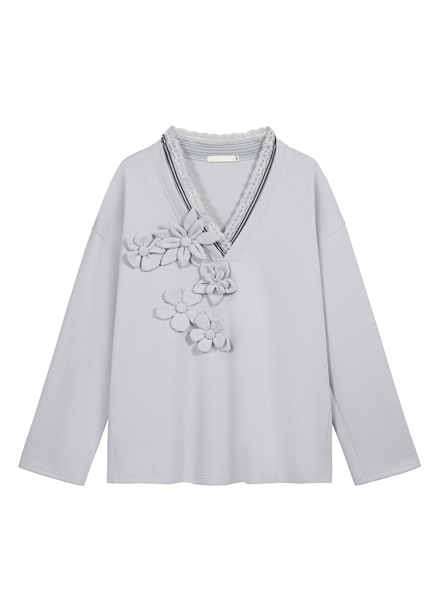 Handmade flower V-neck Sweatshirt Grey