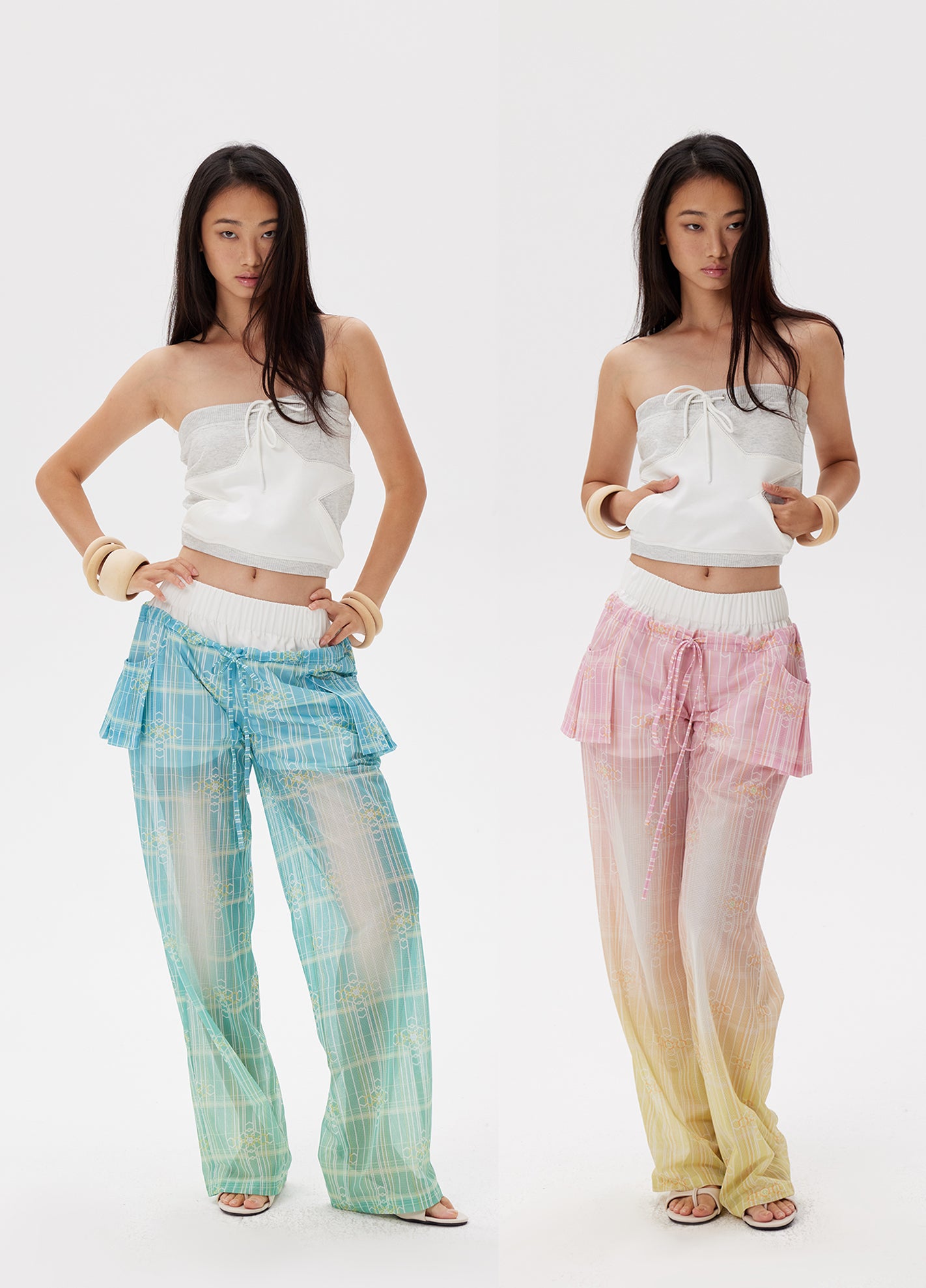 Gradient cross star mesh breathable pants summer pink&blue