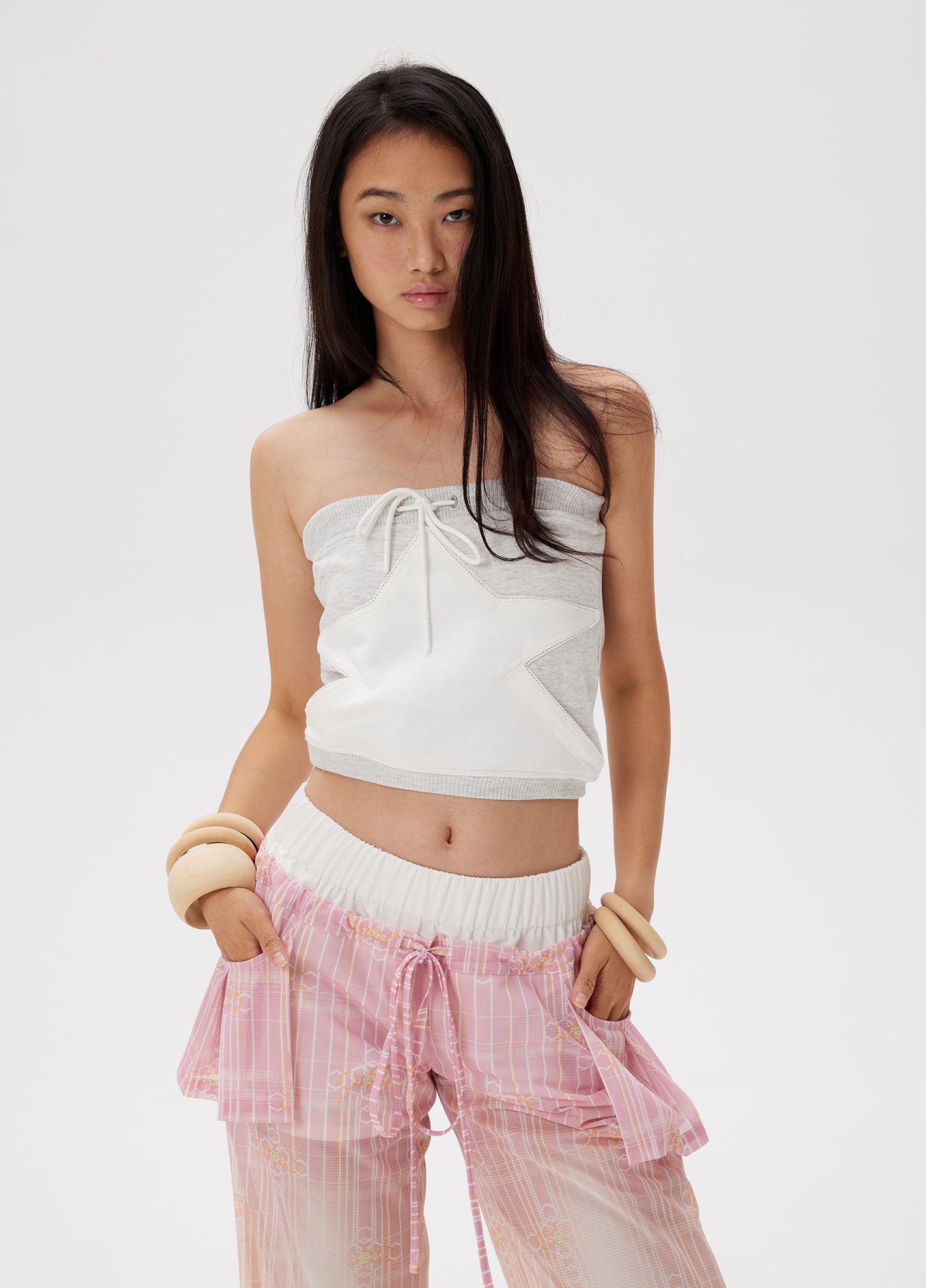 Star patterned gray strapless top