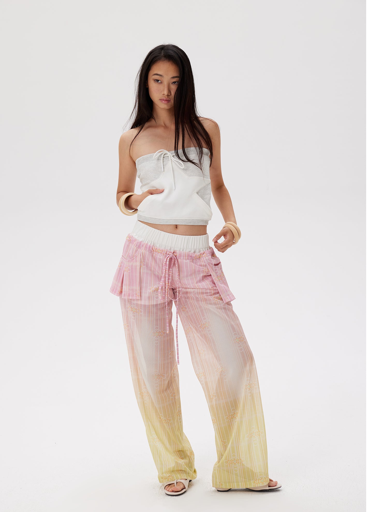 Gradient cross star mesh breathable pants summer pink&blue