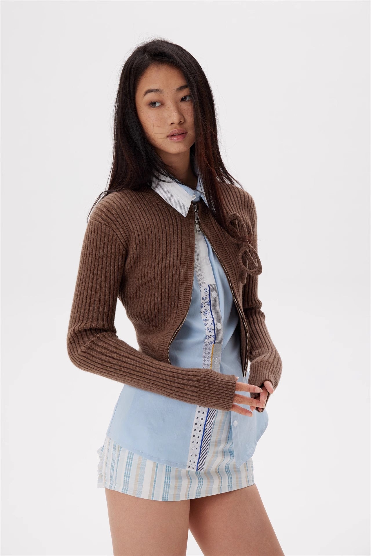 Brown glasses knitted zipper cardigan coat