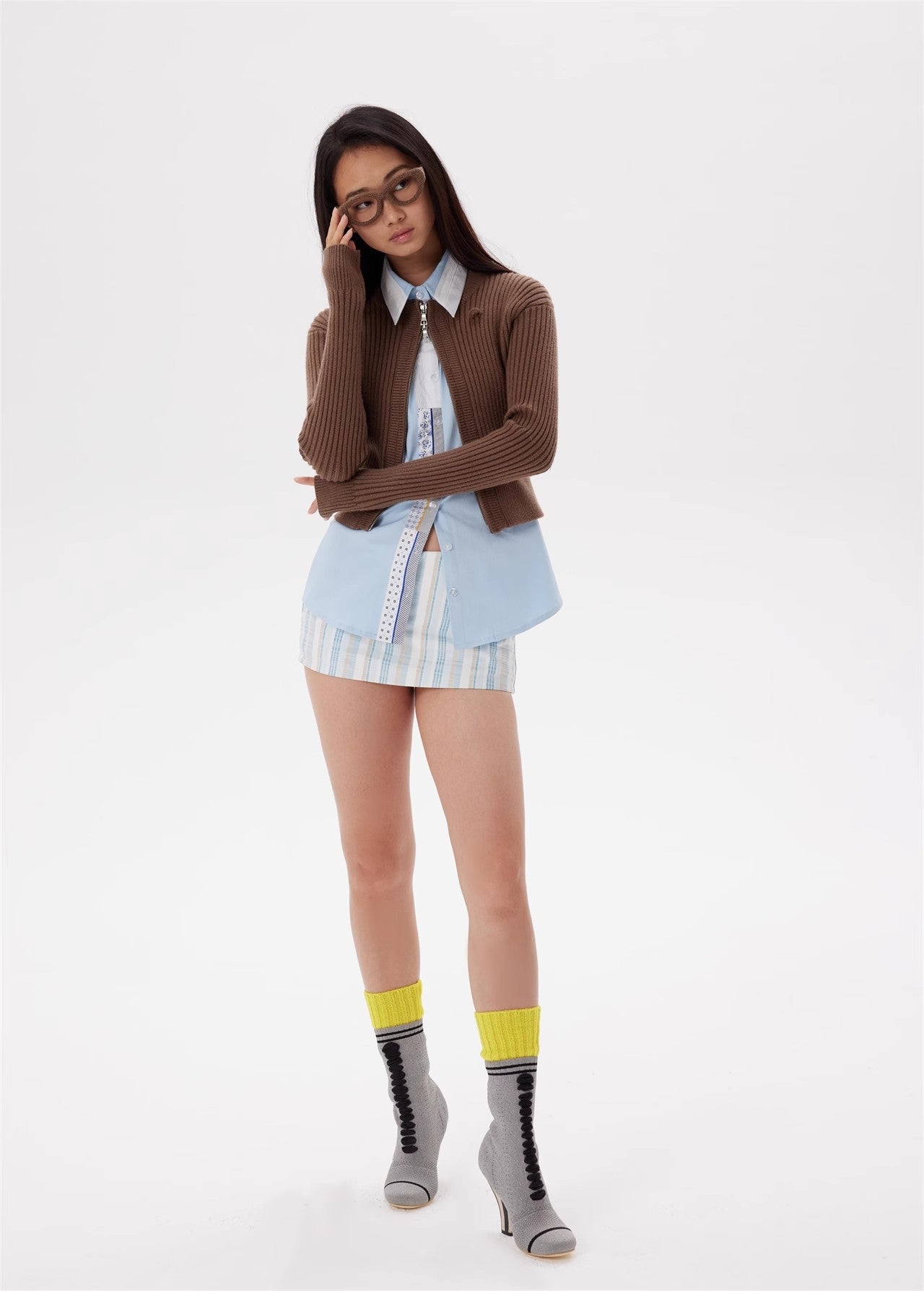 Brown glasses knitted zipper cardigan coat