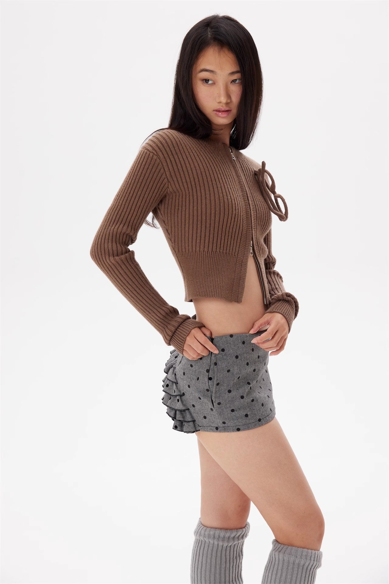 Brown glasses knitted zipper cardigan coat