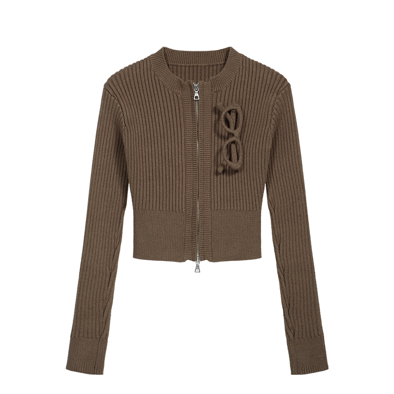 Brown glasses knitted zipper cardigan coat