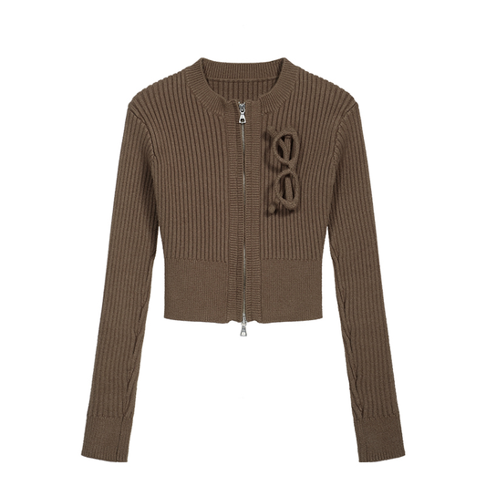 Brown glasses knitted zipper cardigan coat