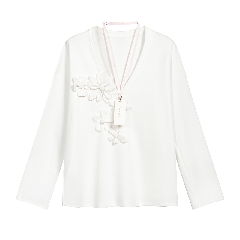 Handmade flower V-neck Sweatshirt ﻿White