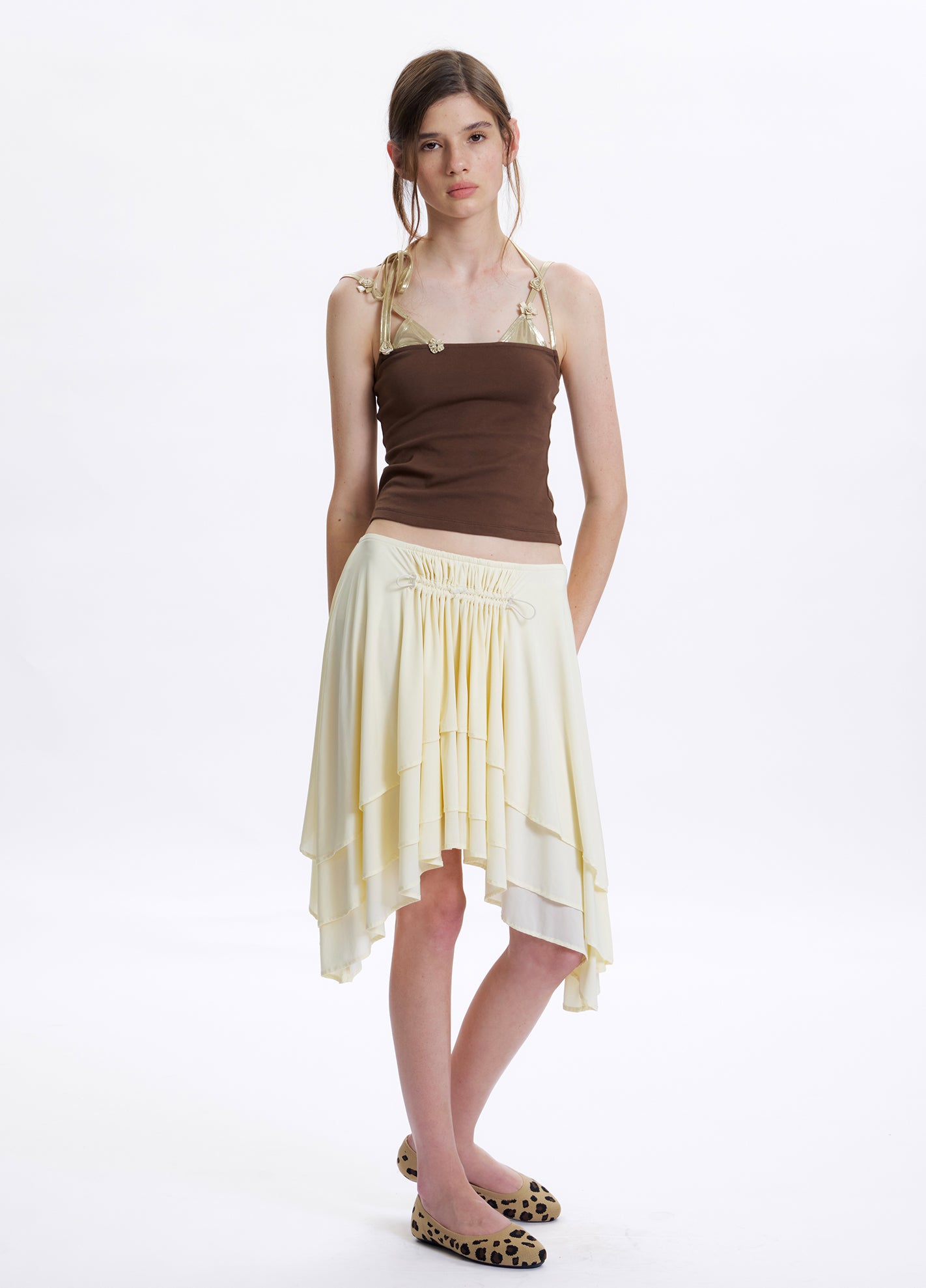 Stacked pleated nylon yellow drawstring skirt