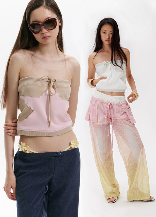 Star patterned gray strapless top