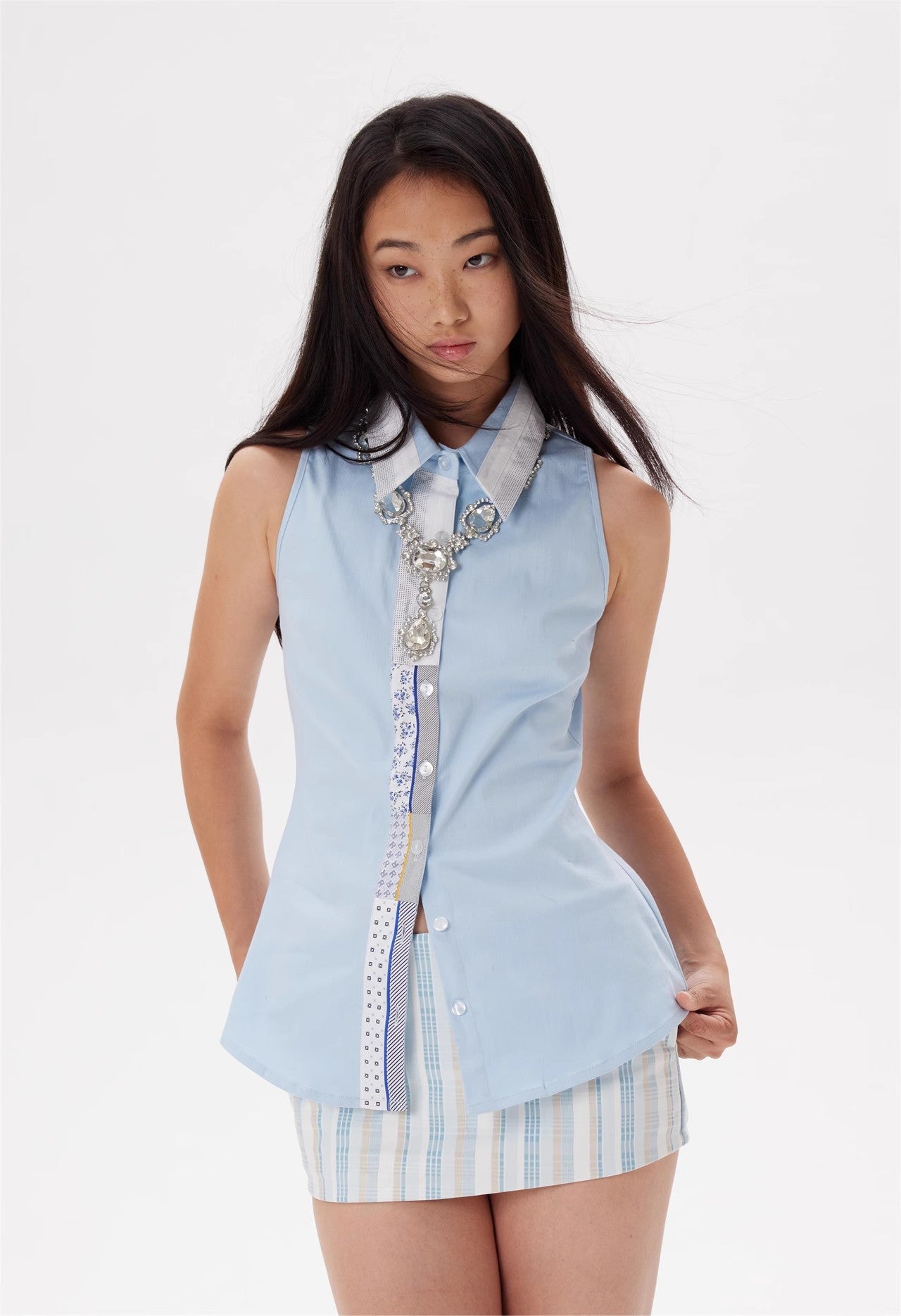 Pattern collage blue shirt vest