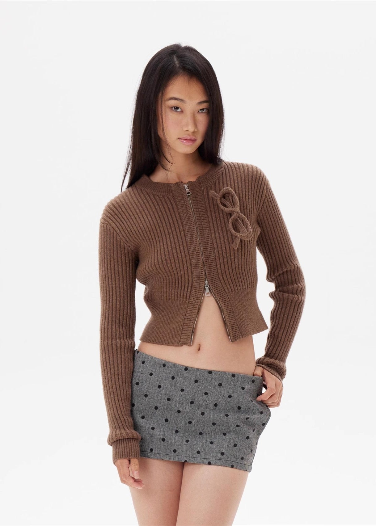 Brown glasses knitted zipper cardigan coat