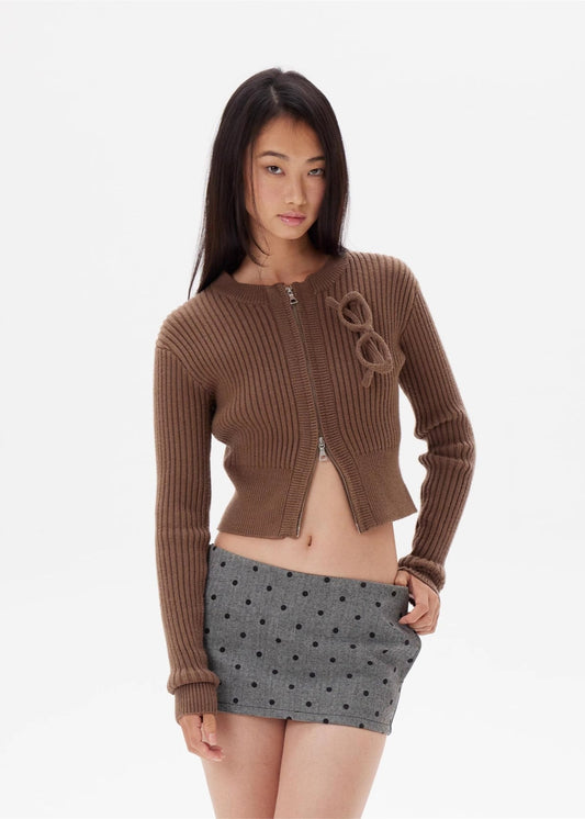 Brown glasses knitted zipper cardigan coat