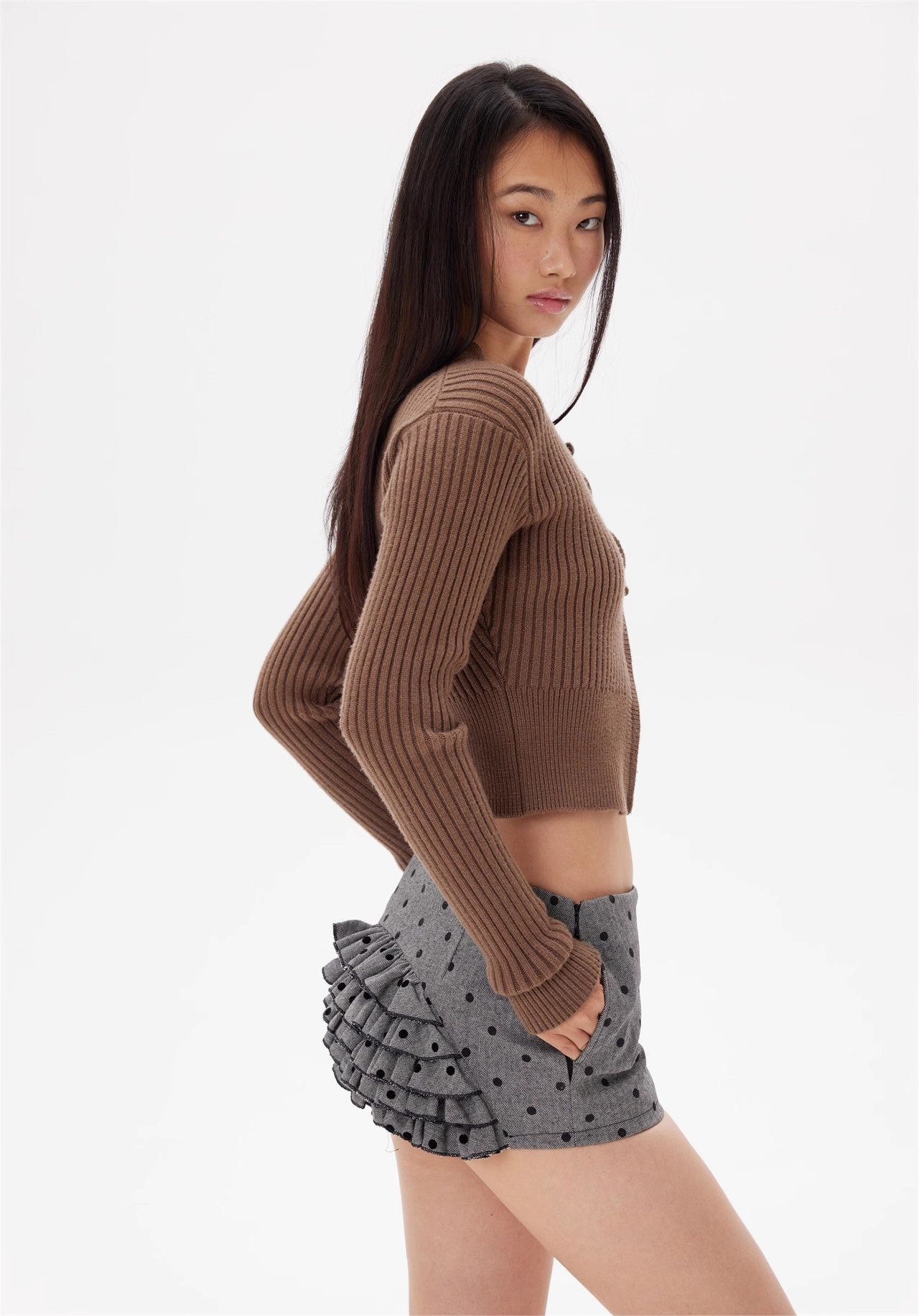 Brown glasses knitted zipper cardigan coat