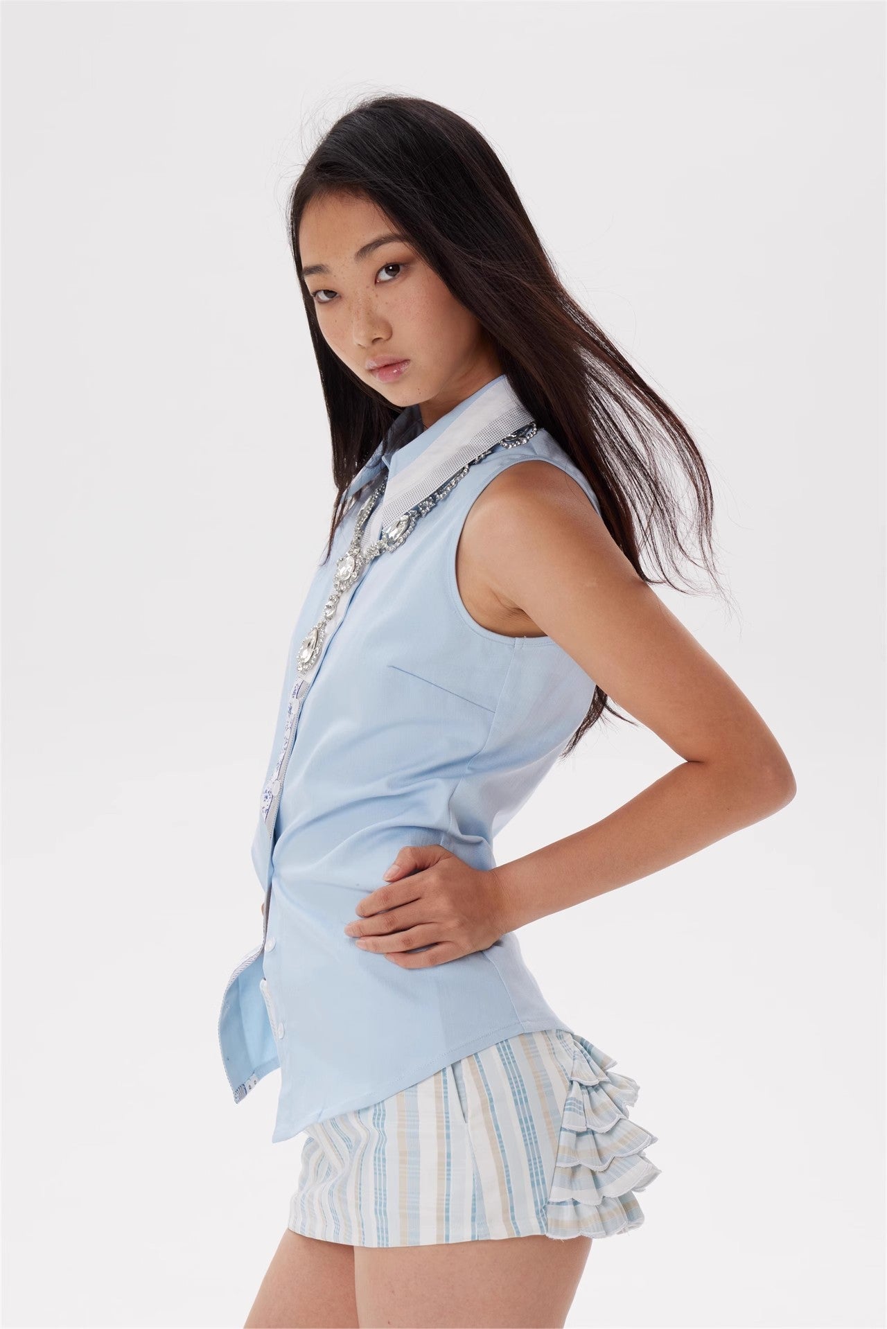 Pattern collage blue shirt vest