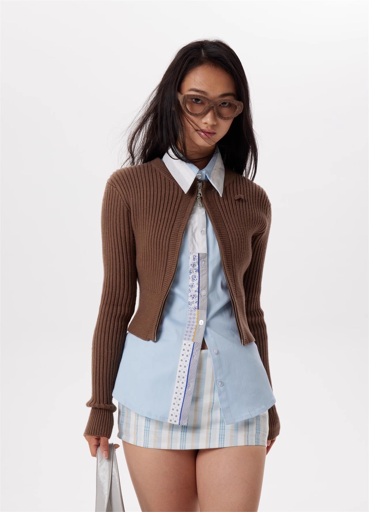 Brown glasses knitted zipper cardigan coat