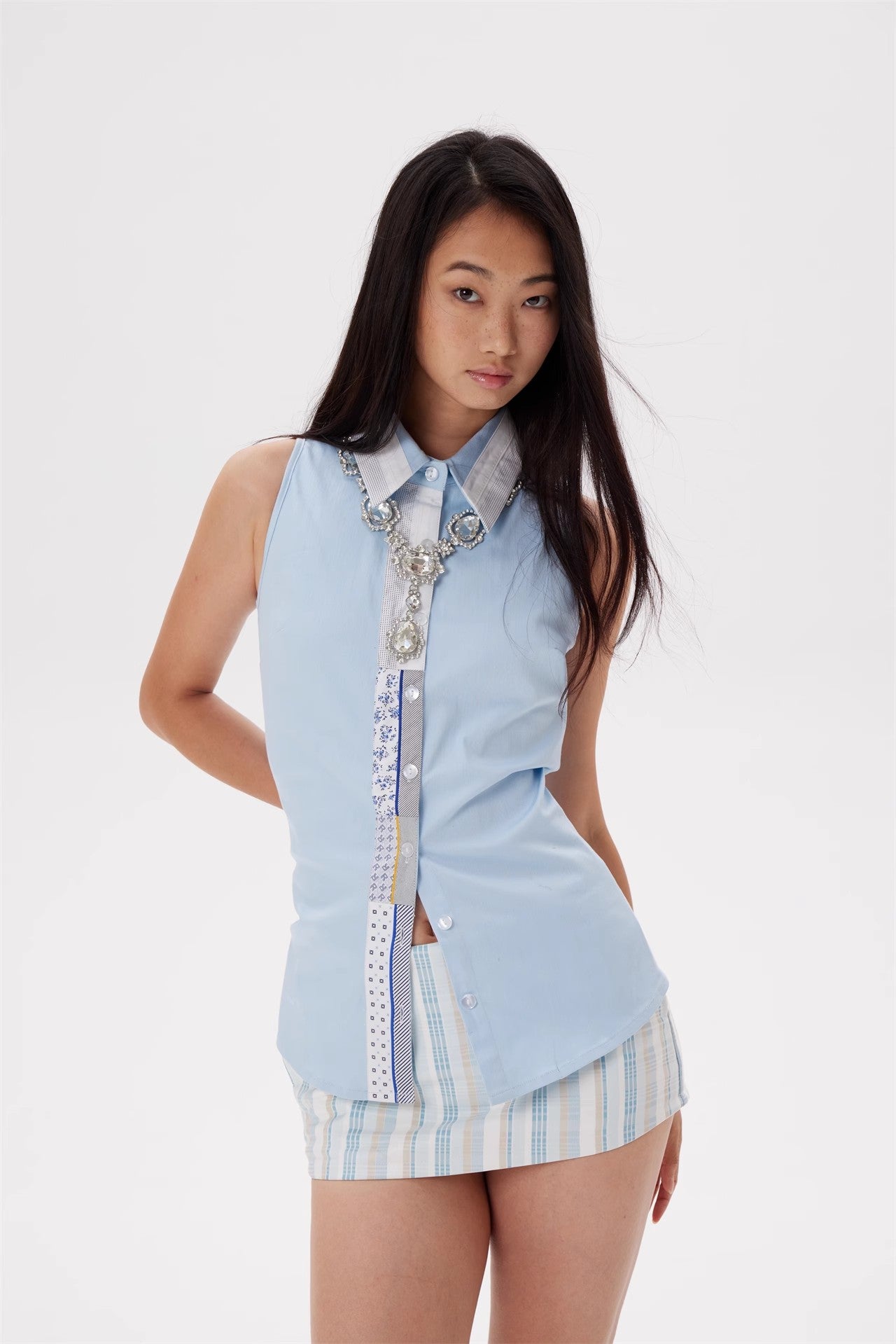 Pattern collage blue shirt vest