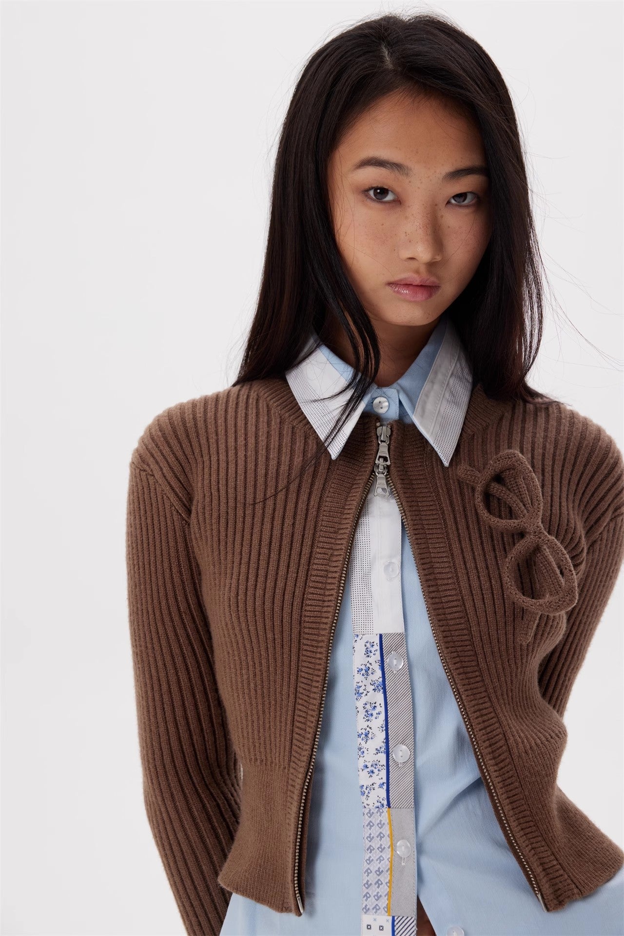 Brown glasses knitted zipper cardigan coat