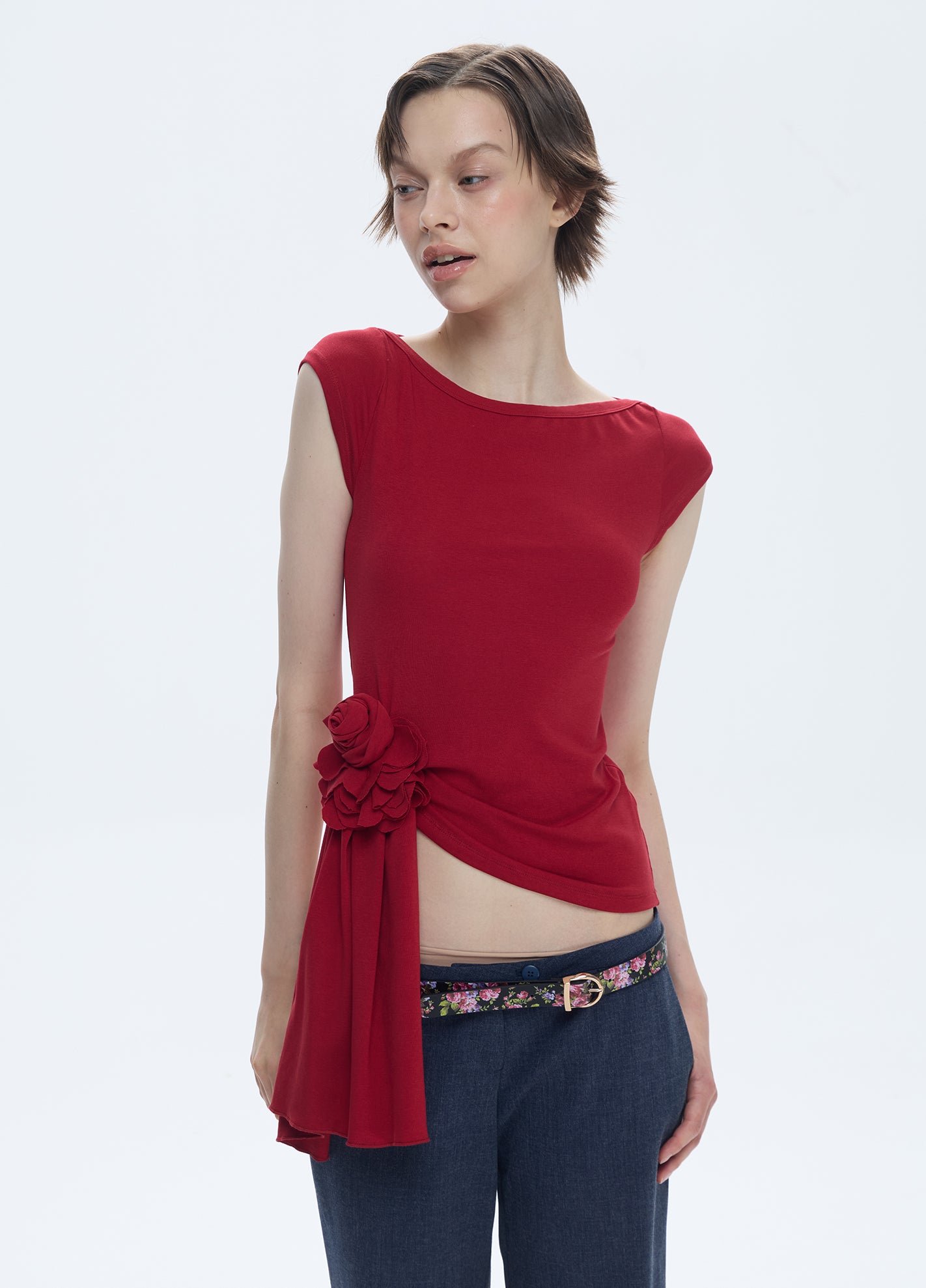 Round neck short sleeved irregular flower top T-shirt