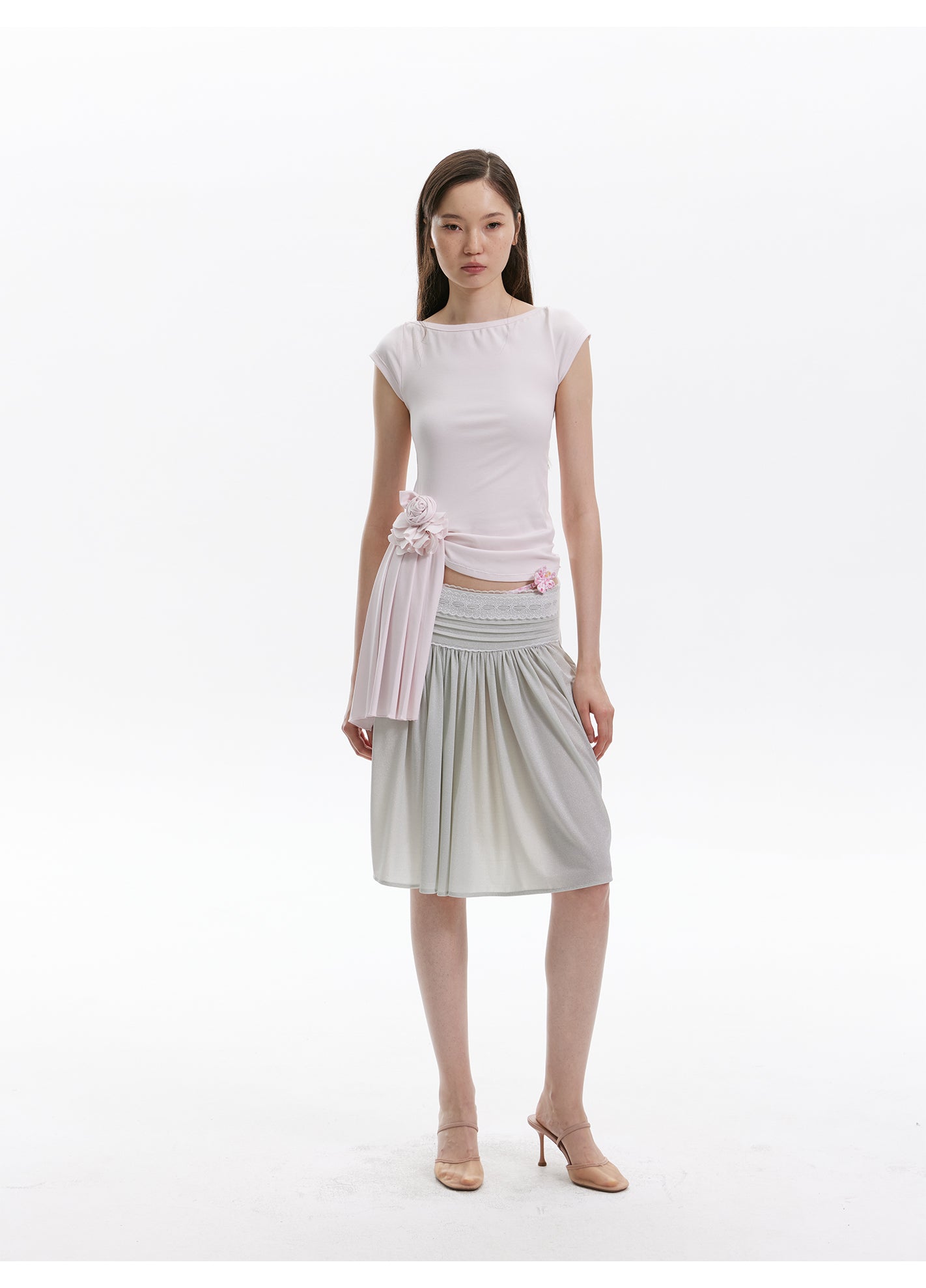 Round neck short sleeved irregular flower top T-shirt