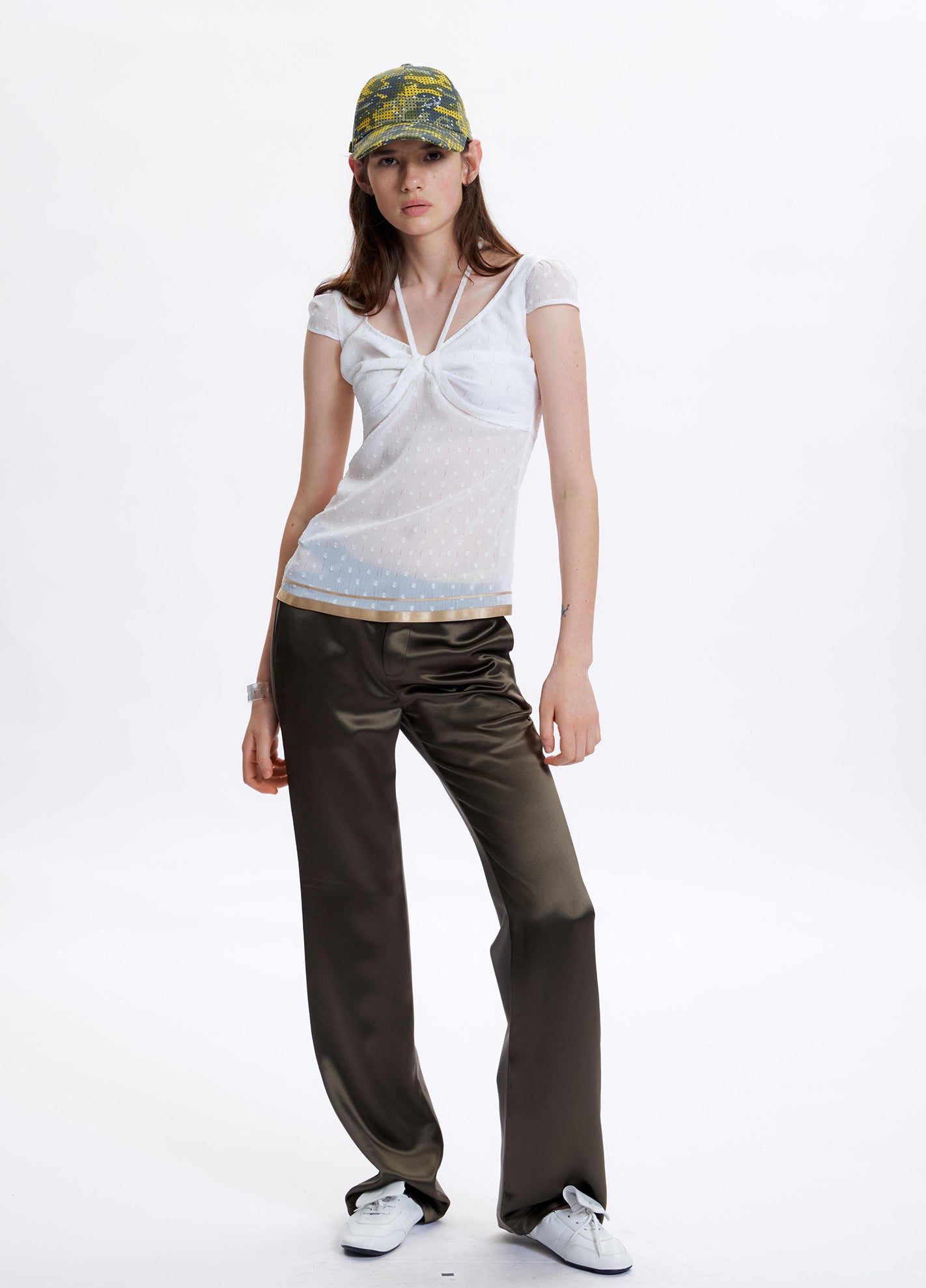 Translucent polka dot chiffon short sleeved shirt