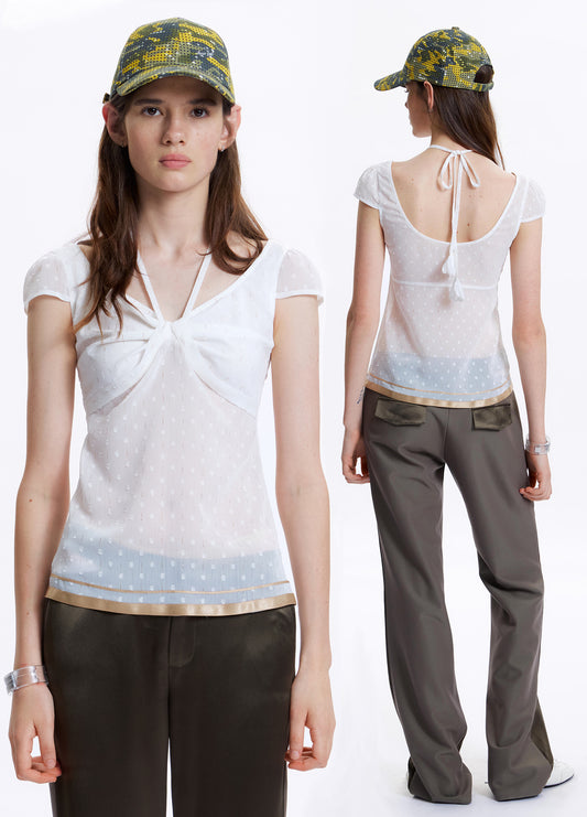 Translucent polka dot chiffon short sleeved shirt